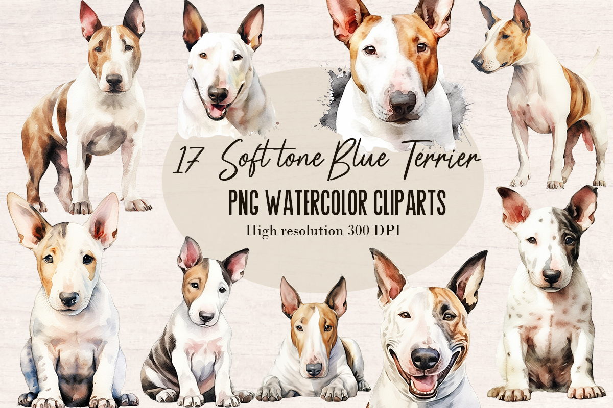 17 Watercolor Blue Terrier Dog PNG cliparts bundle, Dog lover Cliparts