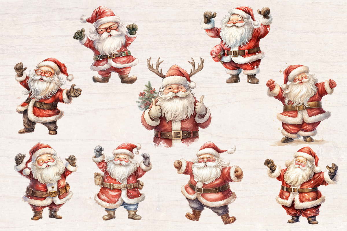 9 Watercolor Happy Santa Claus PNG cliparts bundle, Christmas Cliparts