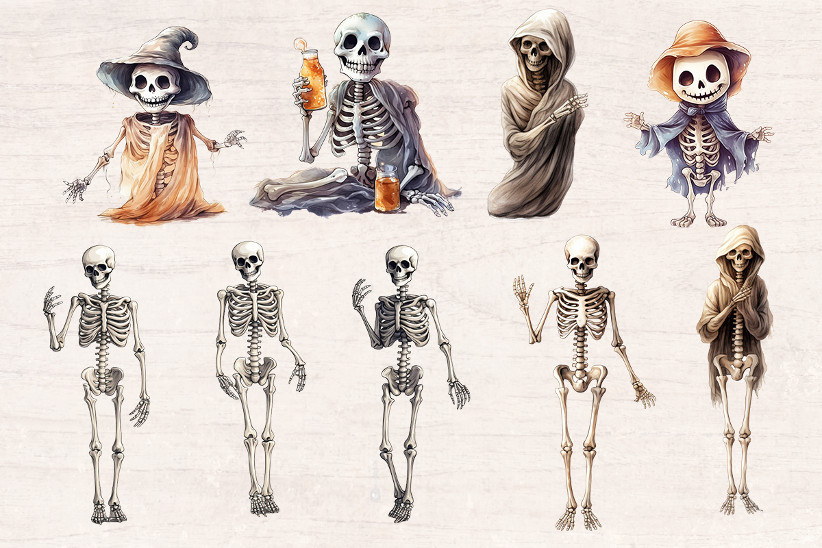 23 Watercolor Halloween Skeleton PNG cliparts bundle, Halloween Cliparts