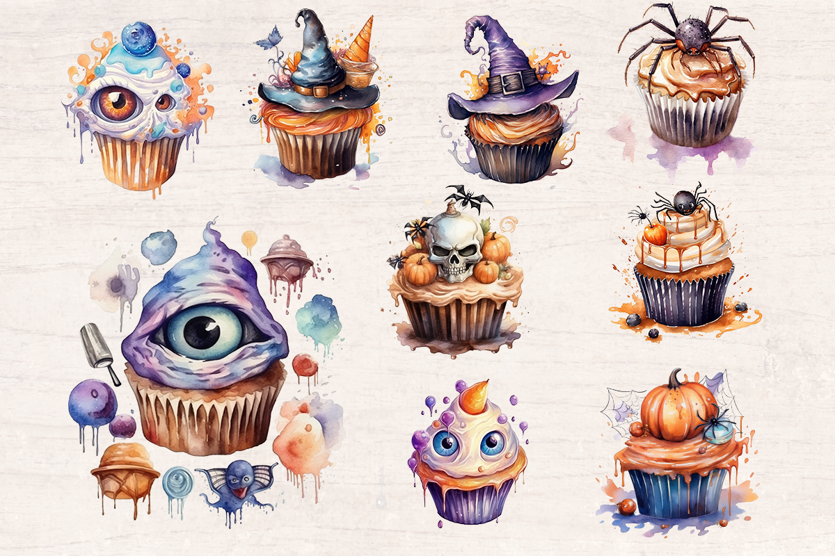 9 Watercolor Halloween Spooky Cupcake PNG cliparts bundle, Halloween Cliparts