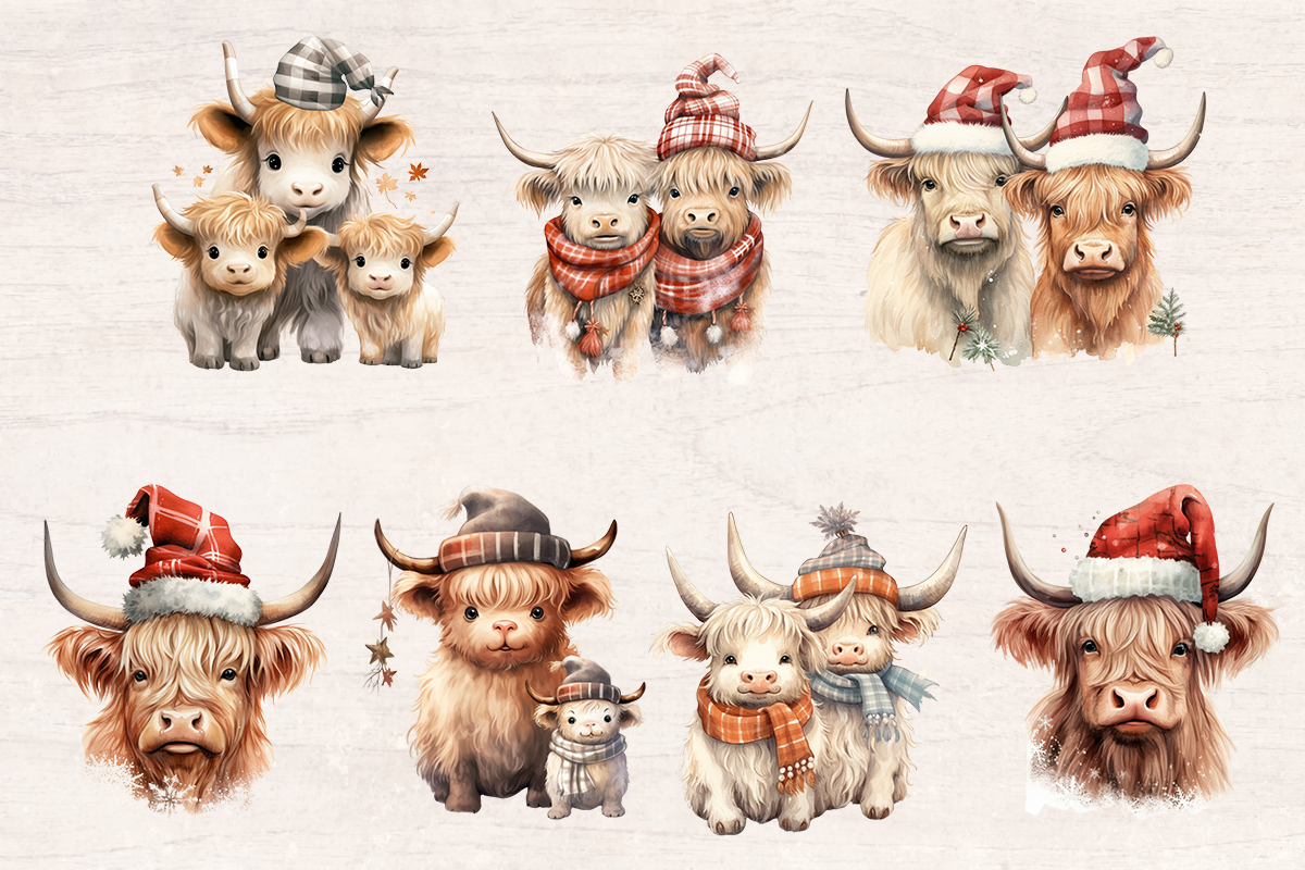 14 Watercolor Christmas Highland cows PNG cliparts bundle, Christmas Cliparts