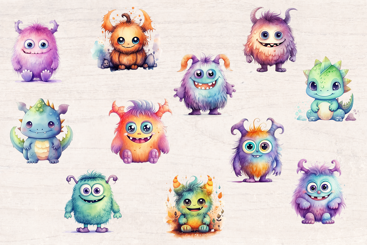 22 Watercolor Halloween Cute Monster PNG cliparts bundle, Halloween Cliparts