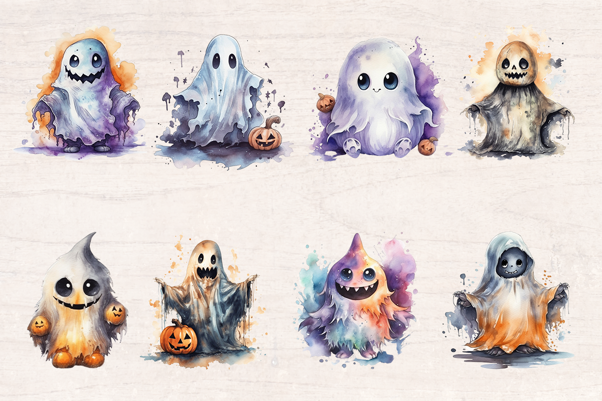 17 Watercolor Halloween Spooky Ghost PNG cliparts bundle, Halloween Cliparts
