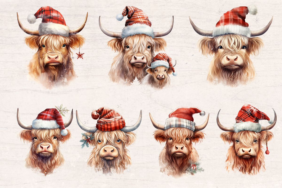 14 Watercolor Christmas Highland cows PNG cliparts bundle, Christmas Cliparts