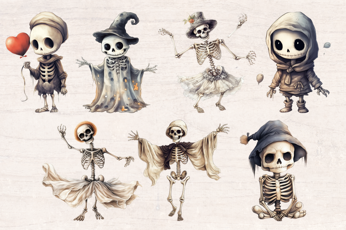 23 Watercolor Halloween Skeleton PNG cliparts bundle, Halloween Cliparts