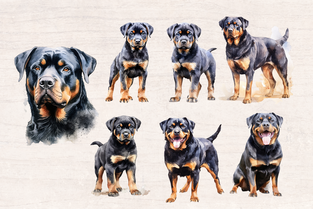14 Watercolor Rottweiler Dog and puppy PNG cliparts bundle, Dog lover Cliparts
