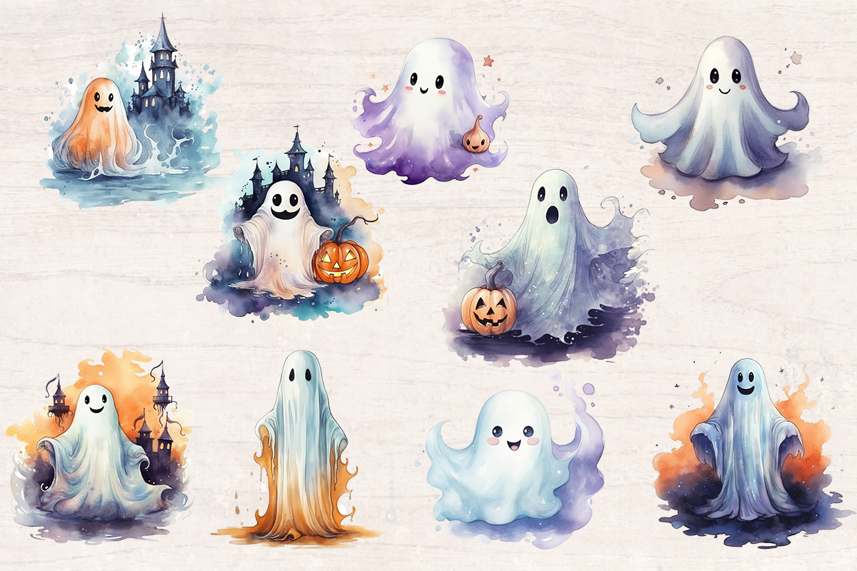 17 Watercolor Halloween Spooky Ghost PNG cliparts bundle, Halloween Cliparts