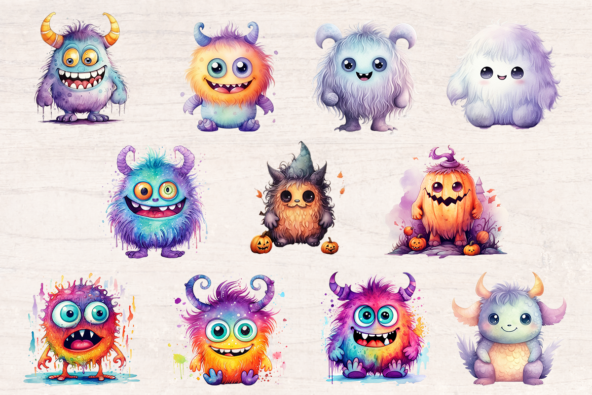 22 Watercolor Halloween Cute Monster PNG cliparts bundle, Halloween Cliparts