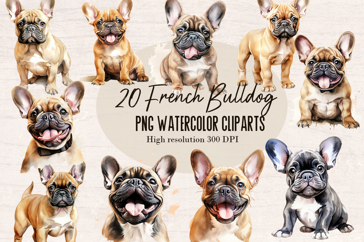 20 Watercolor French Bulldog Dog and Puppy PNG cliparts bundle, Dog lover Cliparts