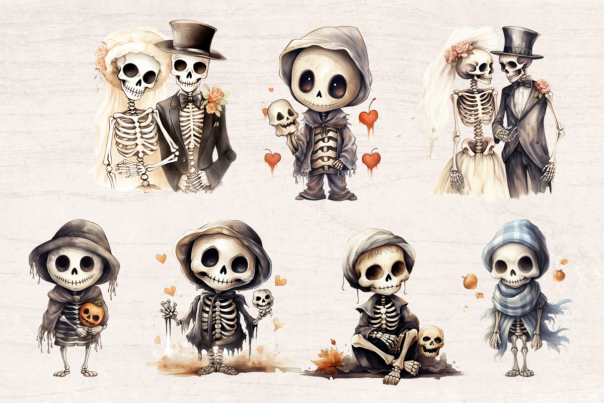 23 Watercolor Halloween Skeleton PNG cliparts bundle, Halloween Cliparts