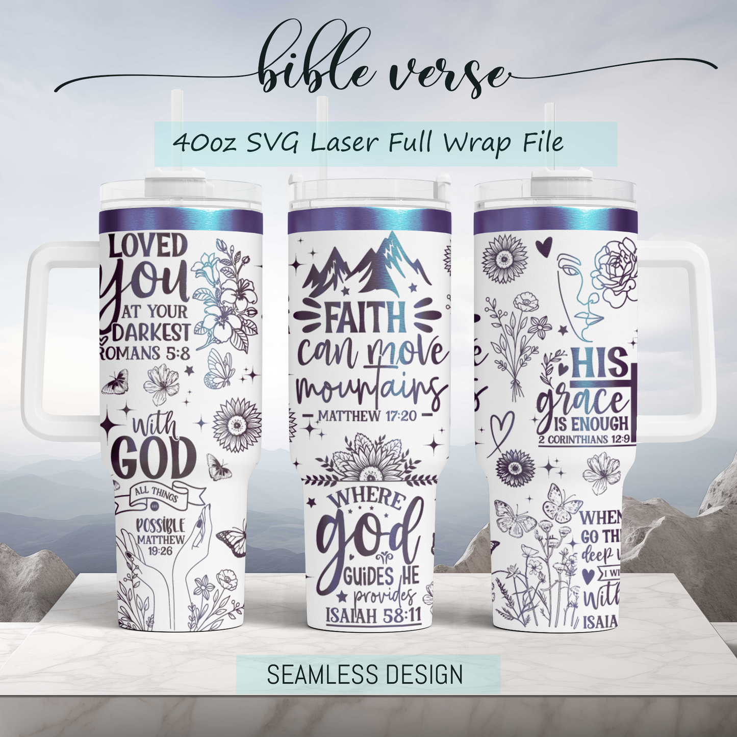 Floral Woman Bible Verse Self Affirmation 40oz Tumbler, Floral Mama 40oz Tumbler SVG Laser Engraved Full Wrap Seamless, Rotary and PNG sublimation