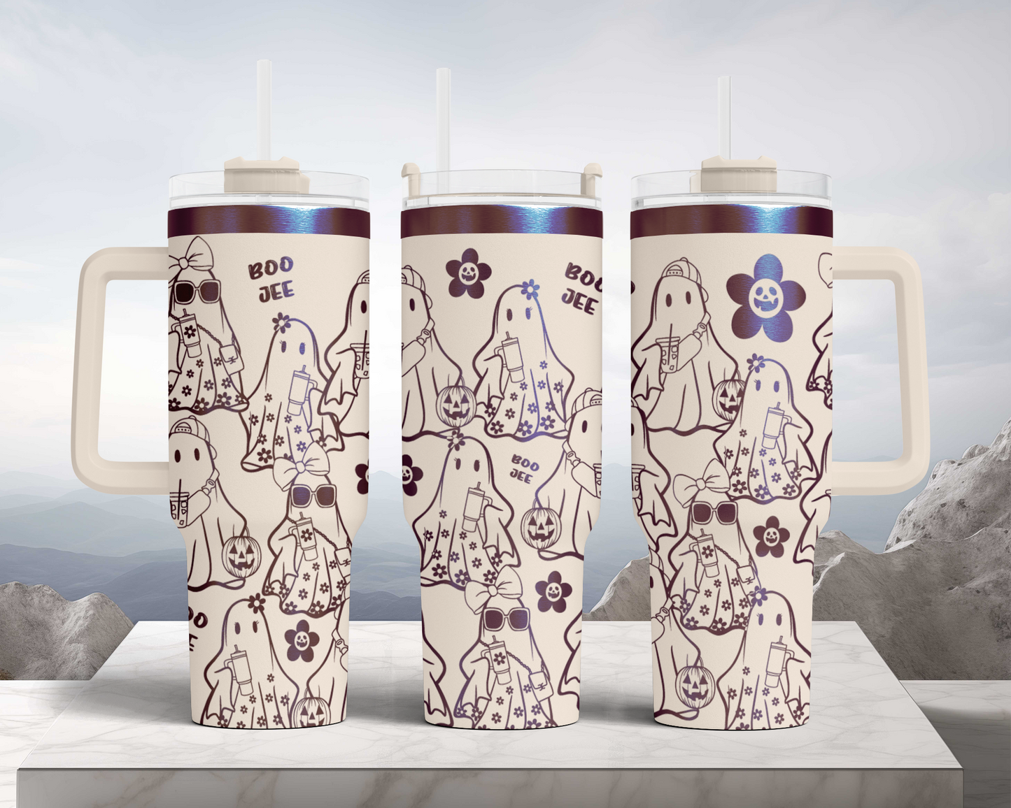 Funny Halloween Boo Jee, Boujee Fall Cute Ghost 40oz Tumbler SVG Laser Engraved Full Wrap Seamless, Rotary and PNG sublimation