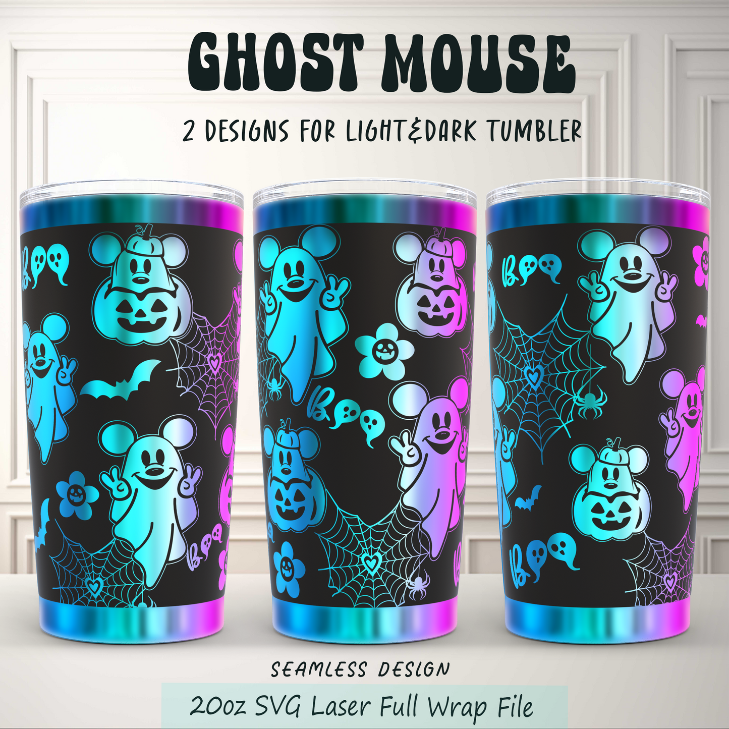 Ghost mouse Funny Halloween 20oz Tumbler SVG Laser Engraved Full Wrap Seamless