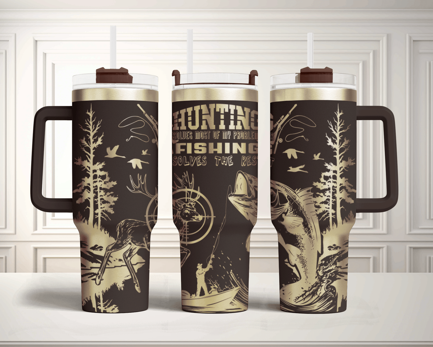 Hunting solves most my problem, fishing solves the rest Laser Engraved Full Wrap Seamless design, 40oz Tumbler, SVG Laser, PNG sublimation