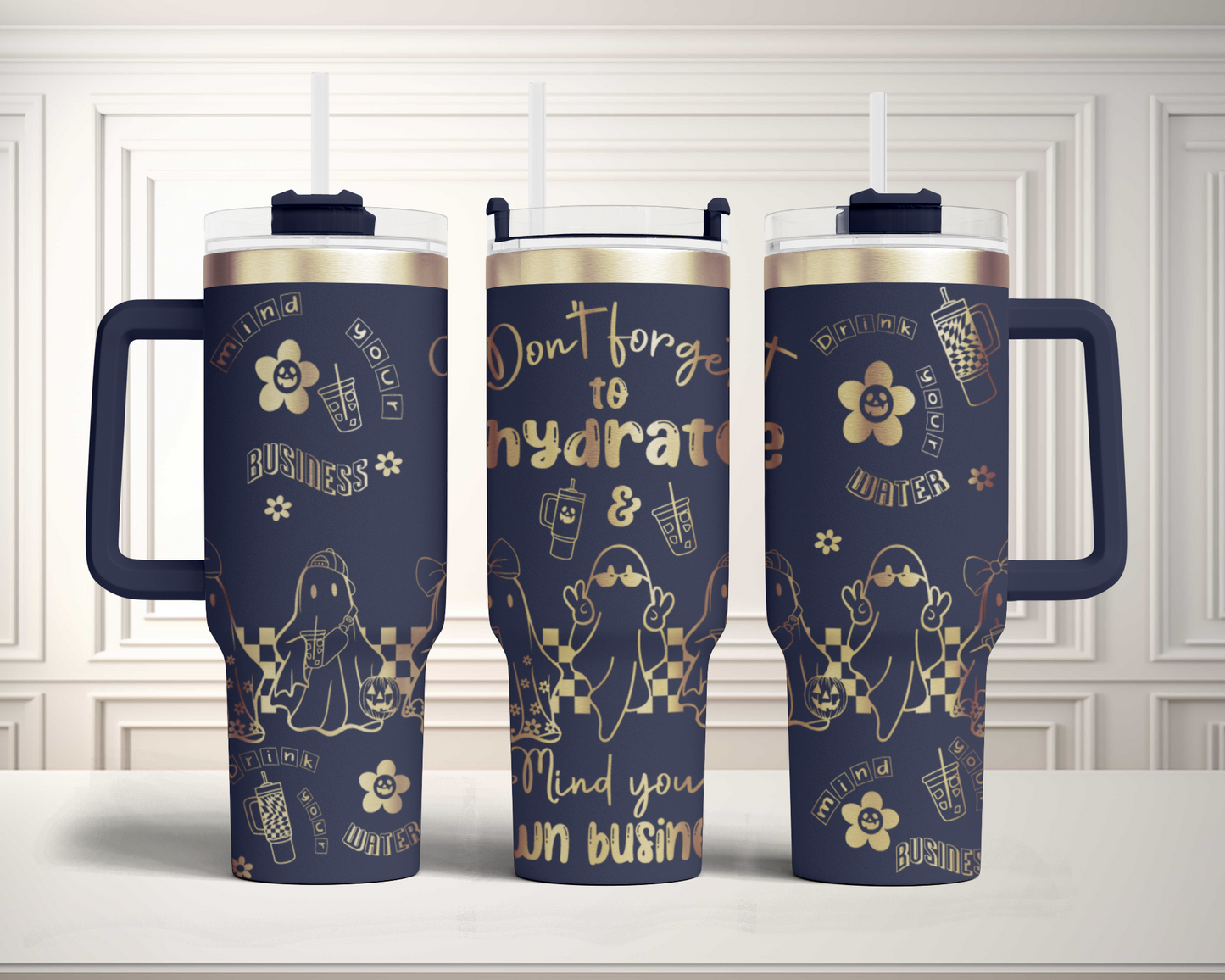 Don't Forget To Hydrate Mind Your Business Retro Cute Ghost Laser Engraved Full Wrap Seamless, 40oz Tumbler, SVG Laser PNG sublimation