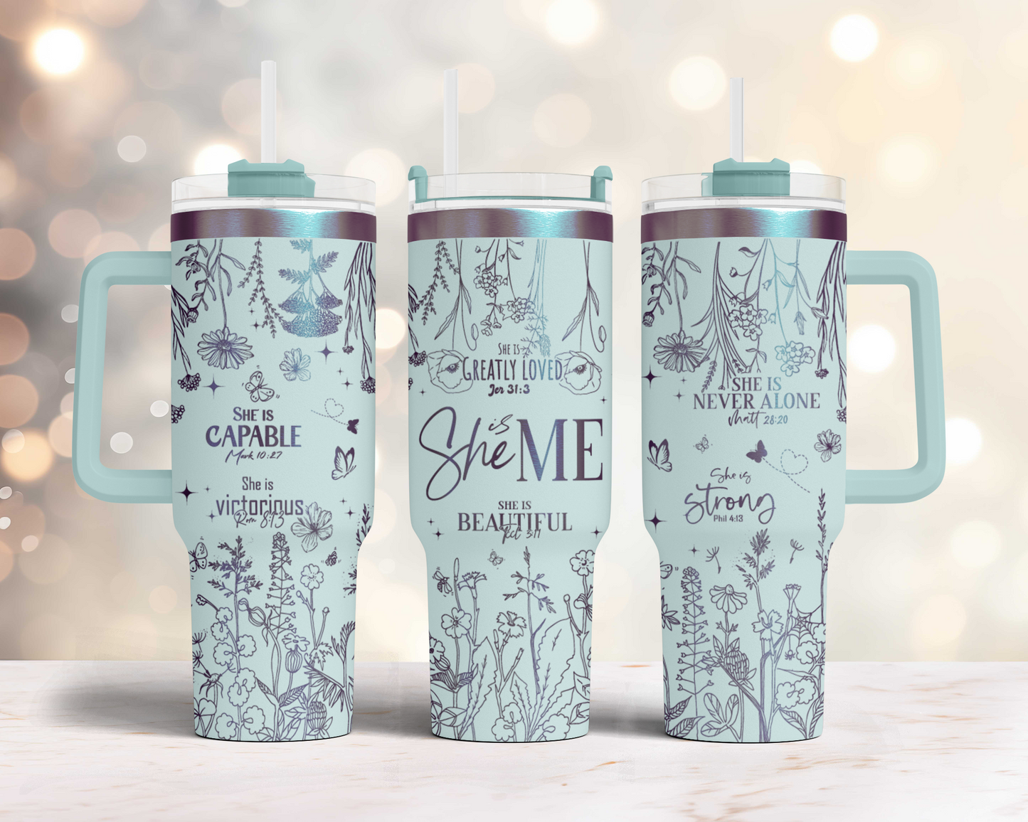 She is me, Bible Verse Self Affirmation wildflower, Christian 40oz Tumbler, Floral Mama 40oz Tumbler SVG Laser Engraved Full Wrap Seamless, Rotary and PNG sublimation