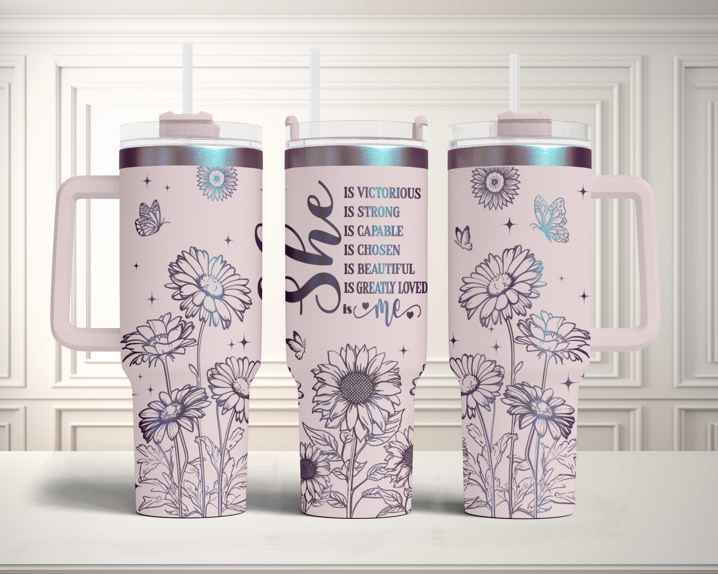 She is me, Bible Verse Self Affirmation sunflower, Christian 40oz Tumbler SVG Laser Engraved Full Wrap Seamless, Rotary and PNG sublimation