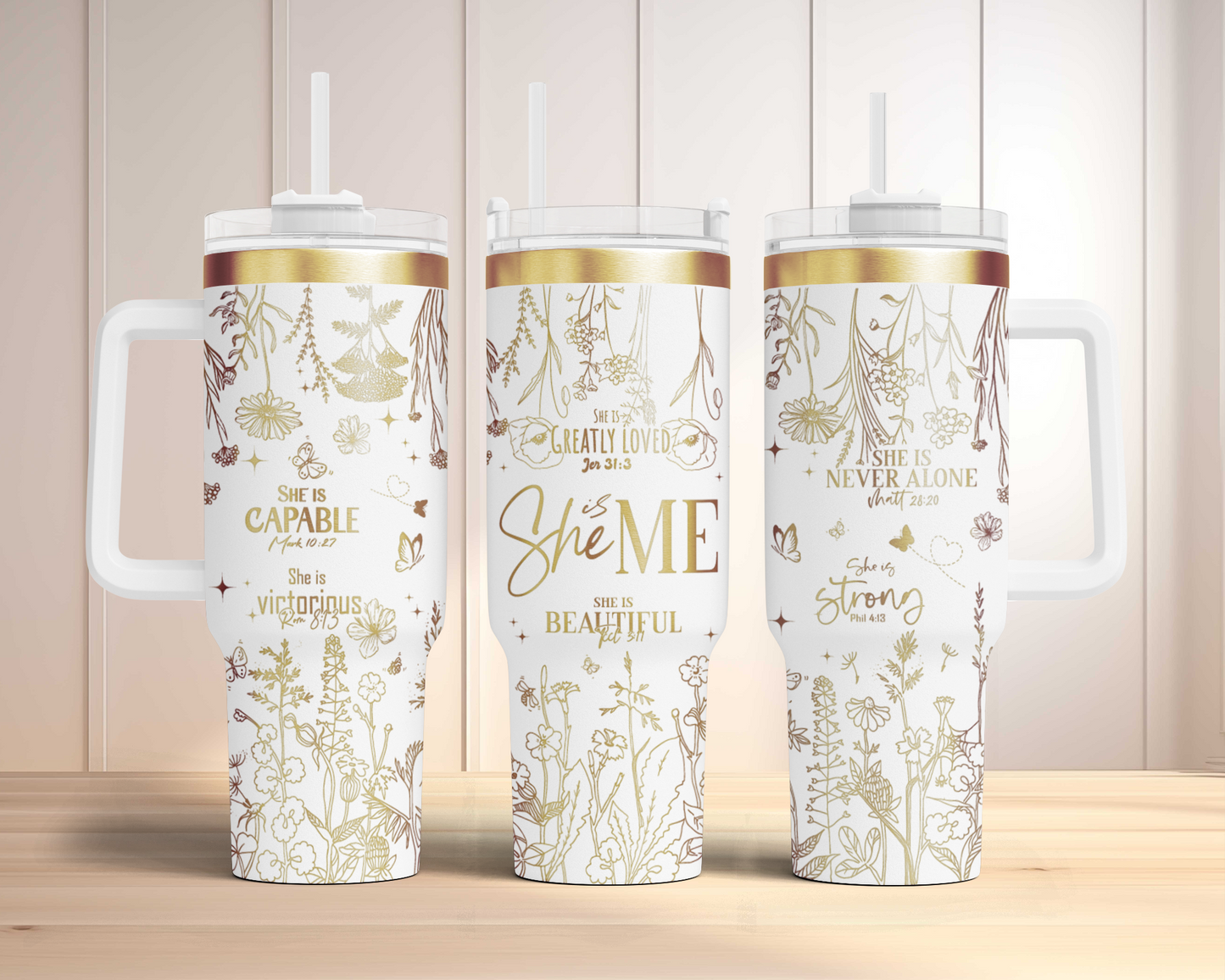 She is me, Bible Verse Self Affirmation wildflower, Christian 40oz Tumbler, Floral Mama 40oz Tumbler SVG Laser Engraved Full Wrap Seamless, Rotary and PNG sublimation