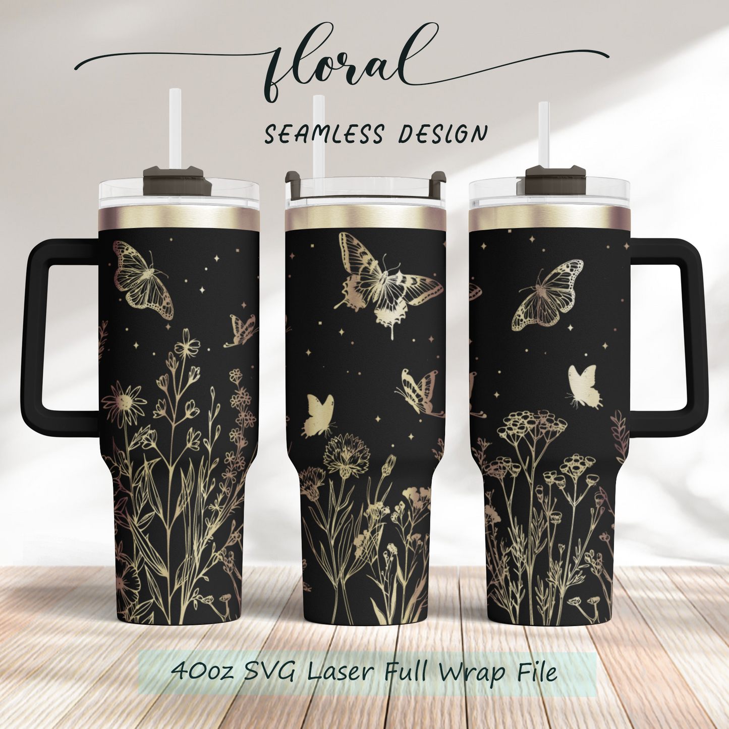 Wildflower and butterflies 40oz Tumbler SVG Laser Engraved Full Wrap Seamless, PNG sublimation