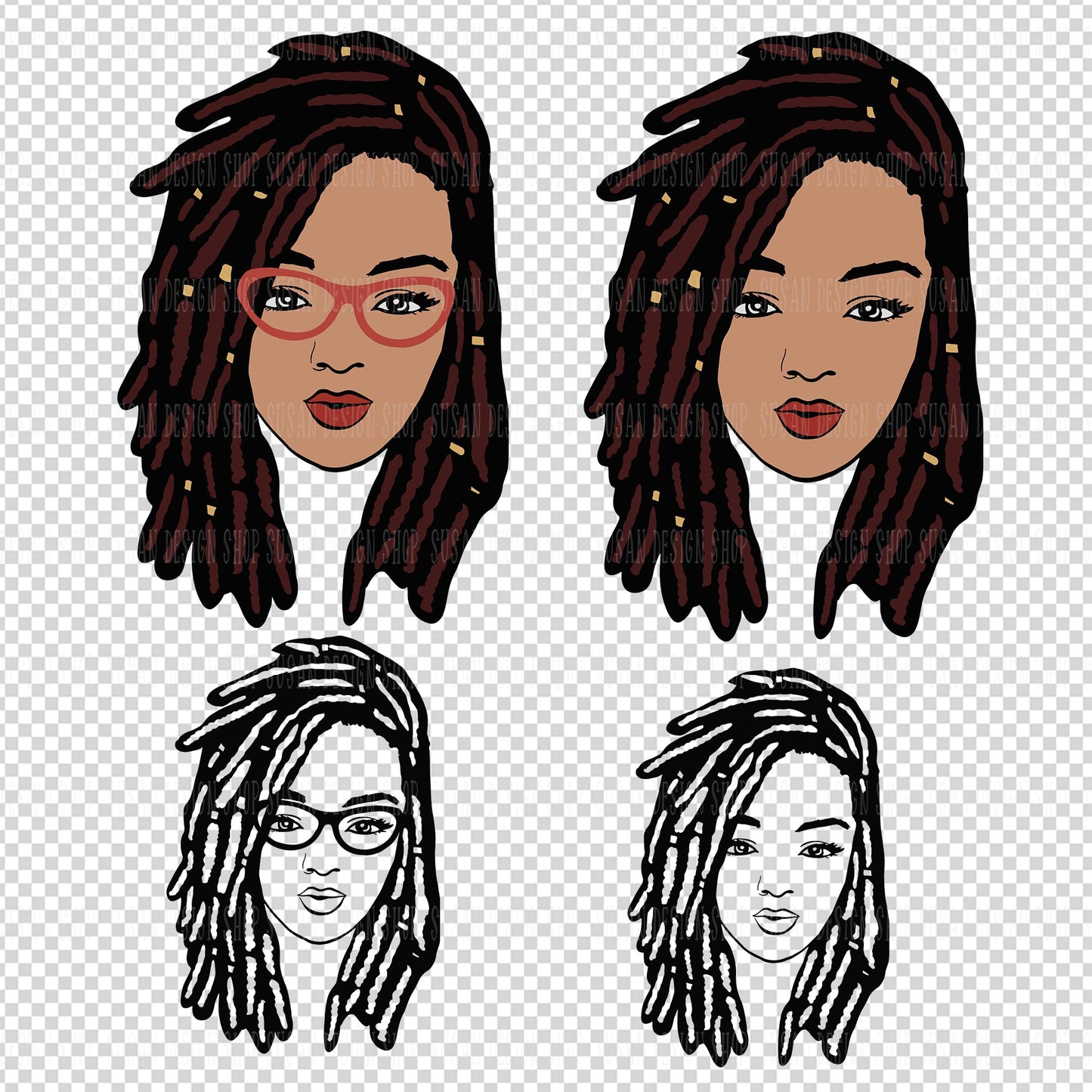 Woman with Locs and Glasses SVG Bundle file for Cricut PNG clipart, Black Woman Dreadlock Design
