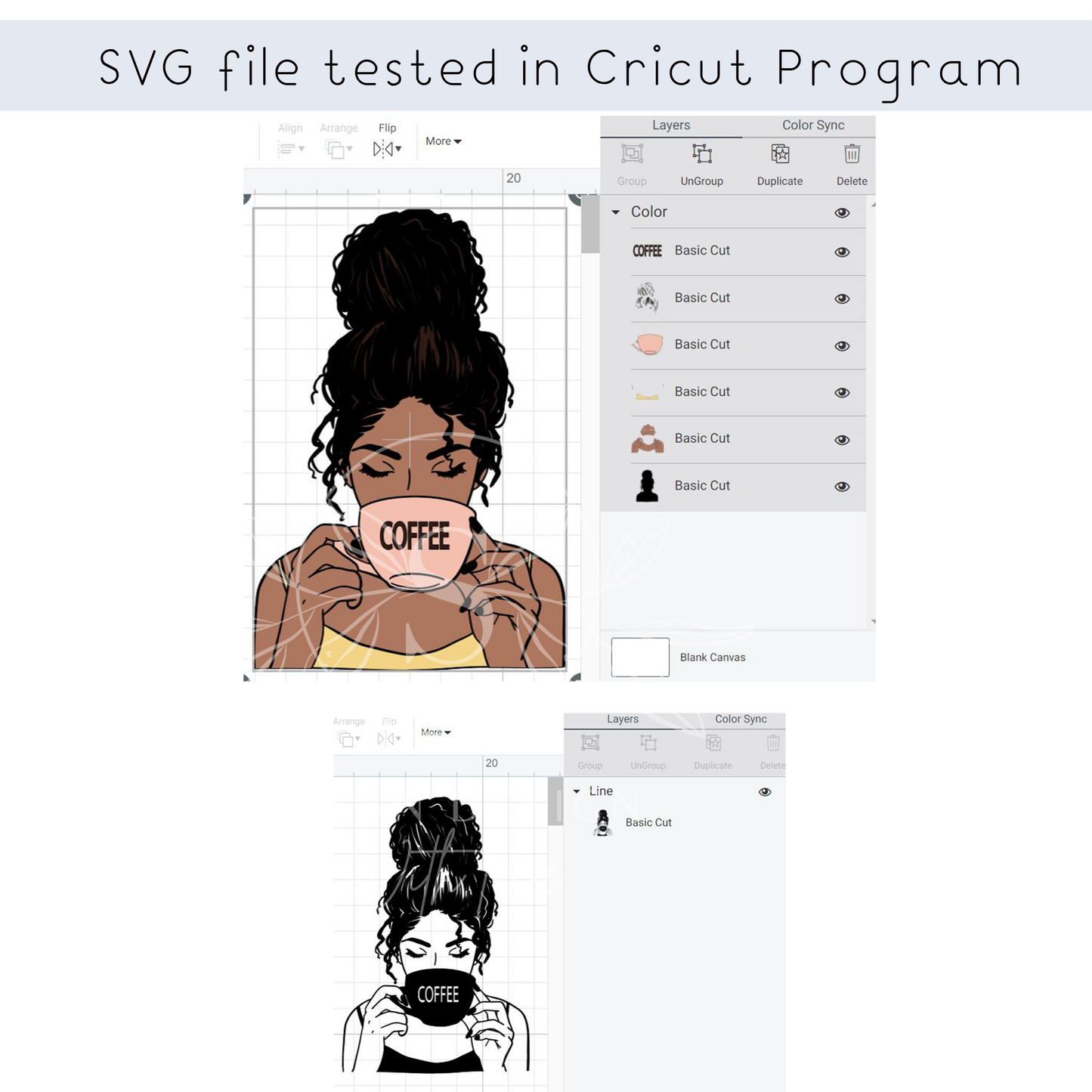Afro girl wit messy bun layred SVG files for Cricut, drinking coffee