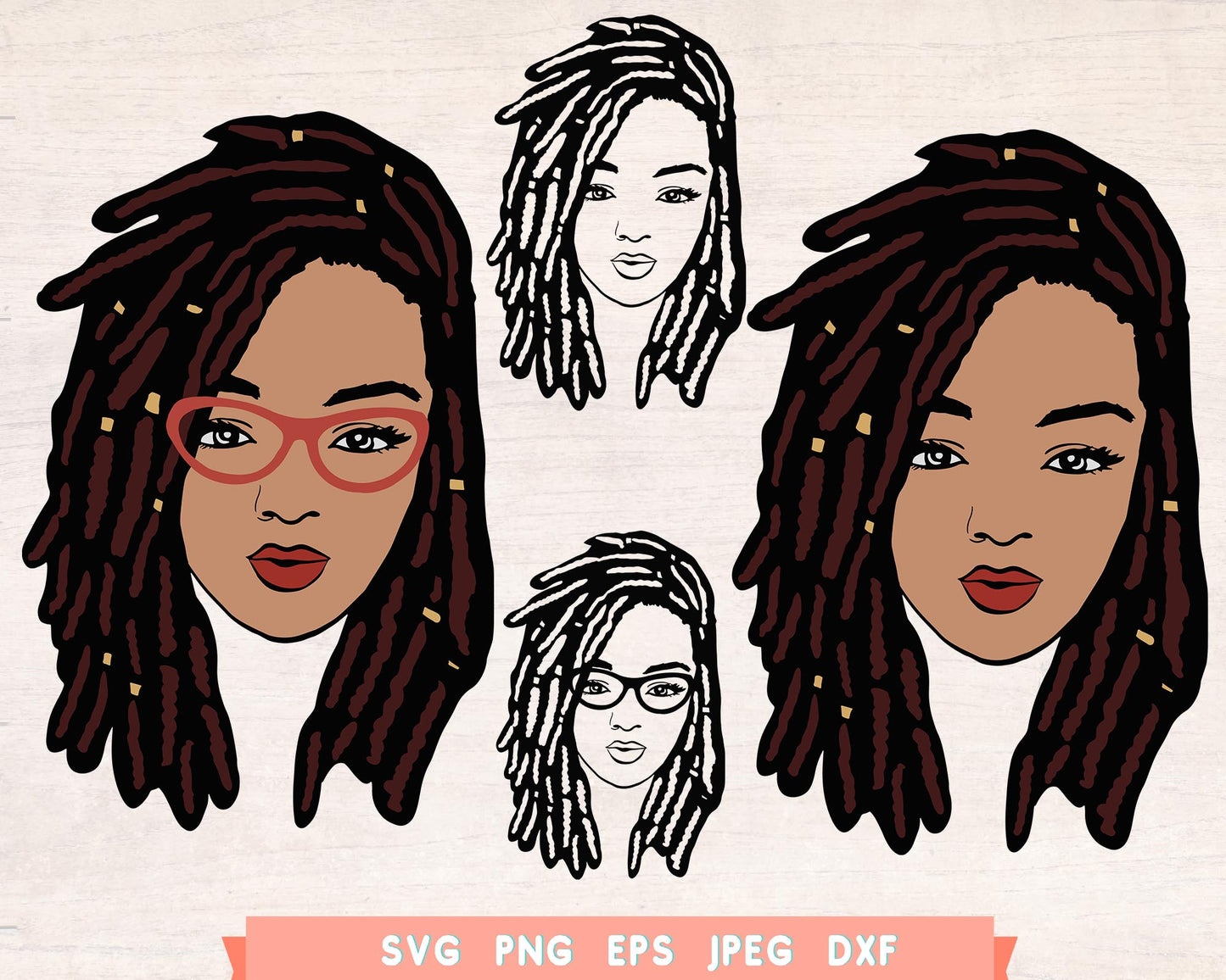 Woman with Locs and Glasses SVG Bundle file for Cricut PNG clipart, Black Woman Dreadlock Design