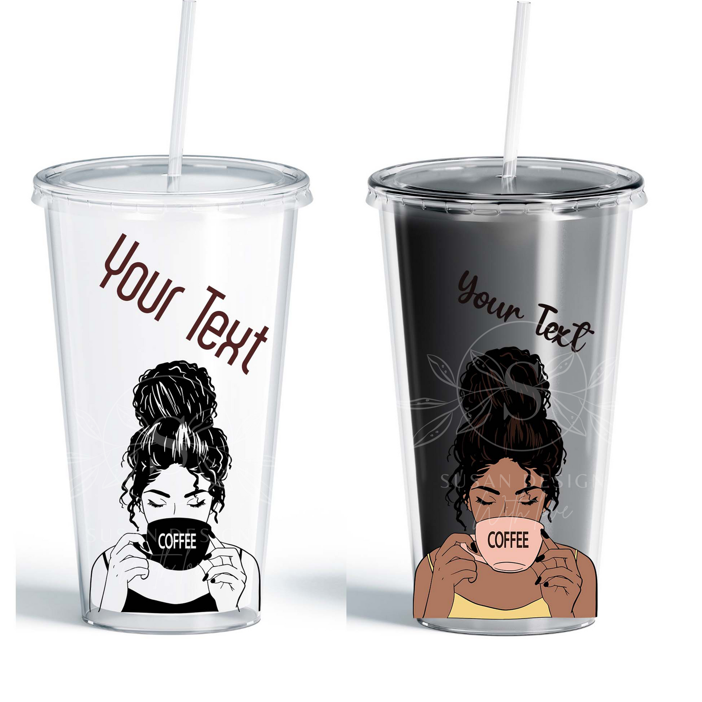 Afro girl wit messy bun SVG PNG, drinking coffee