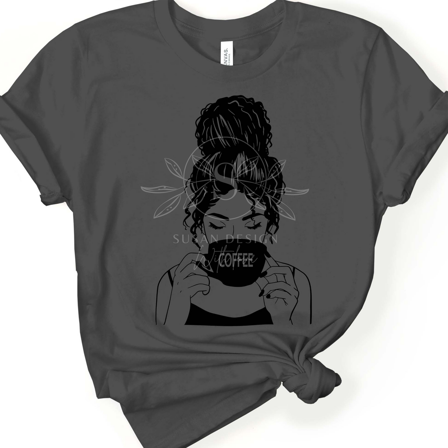 Afro girl wit messy bun SVG mom life design for Tshirt, drinking coffee