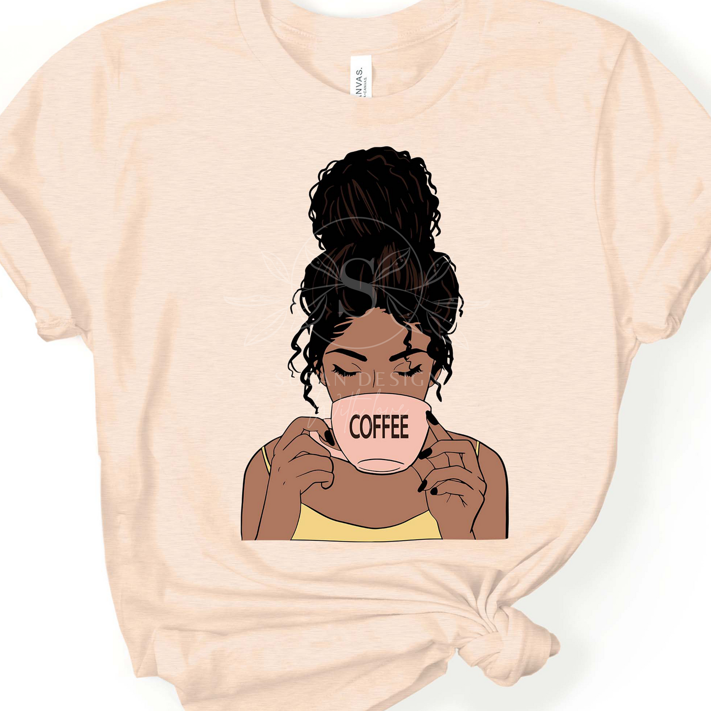 Afro girl wit messy bun SVG design on shirt, drinking coffee