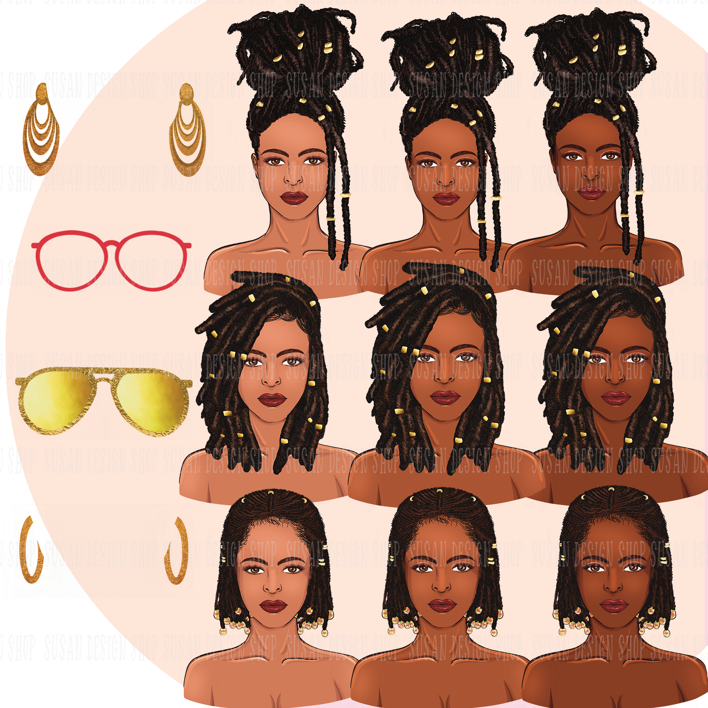 Afro girl with locs hair beautiful African American women PNG clipart sublimation