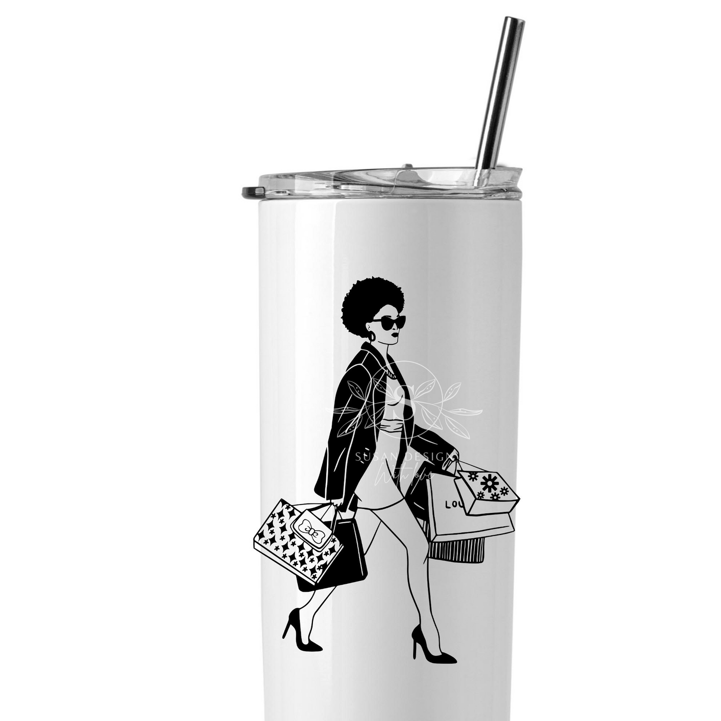 Afro Woman Shopping SVG Black and White