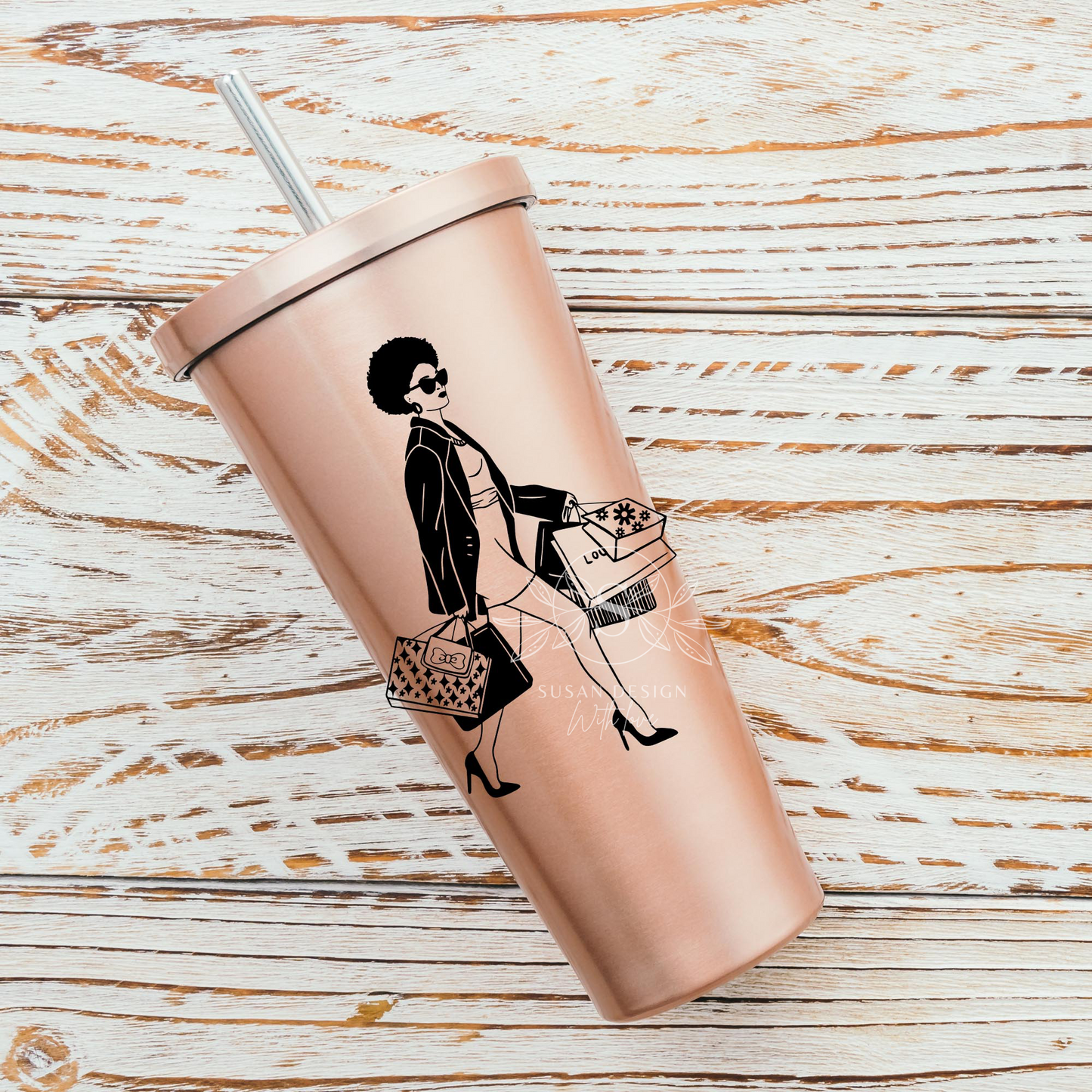 Afro Woman Shopping SVG Black and White