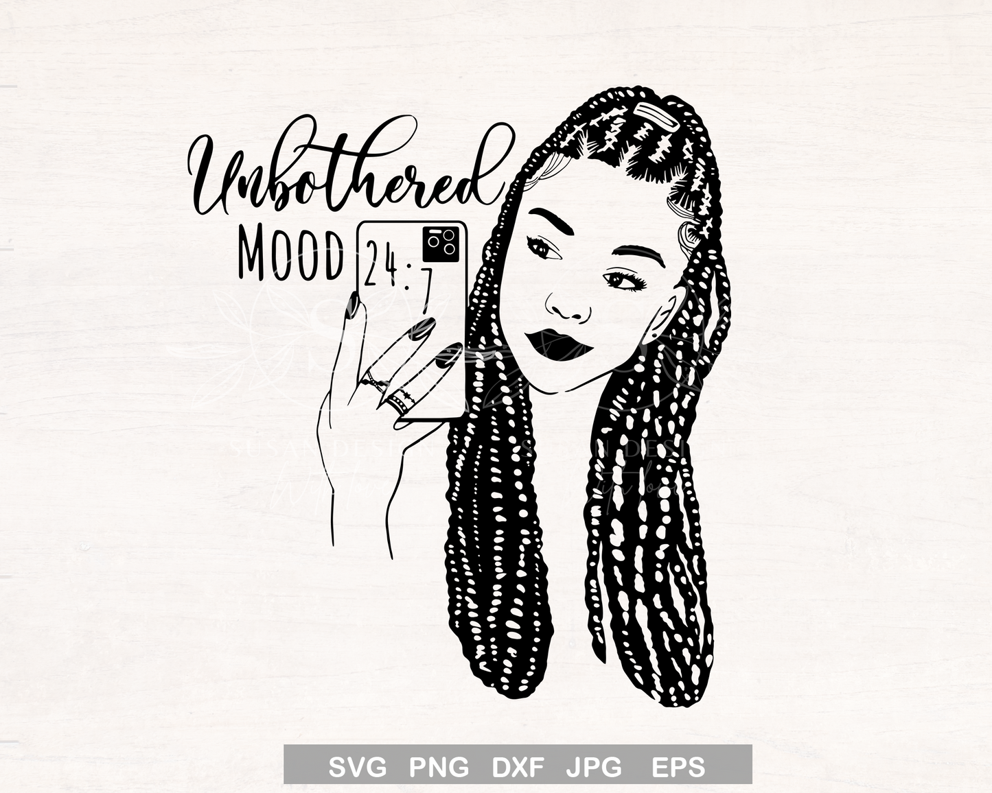 Unbothered 24/7 Braid Black woman with Cell Phone Selfie SVG Black and White