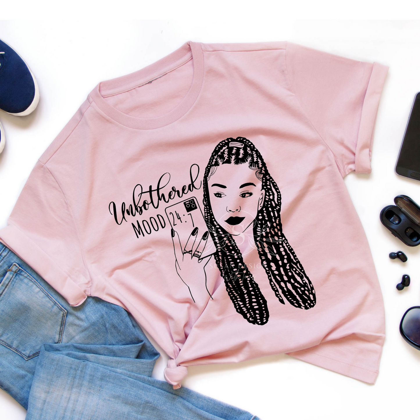 Unbothered 24/7 Braid Black woman with Cell Phone Selfie SVG Black and White