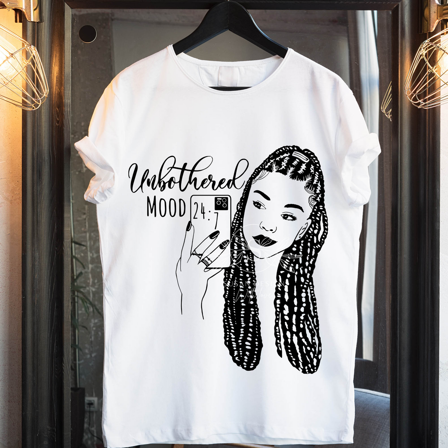 Unbothered 24/7 Braid Black woman with Cell Phone Selfie SVG Black and White