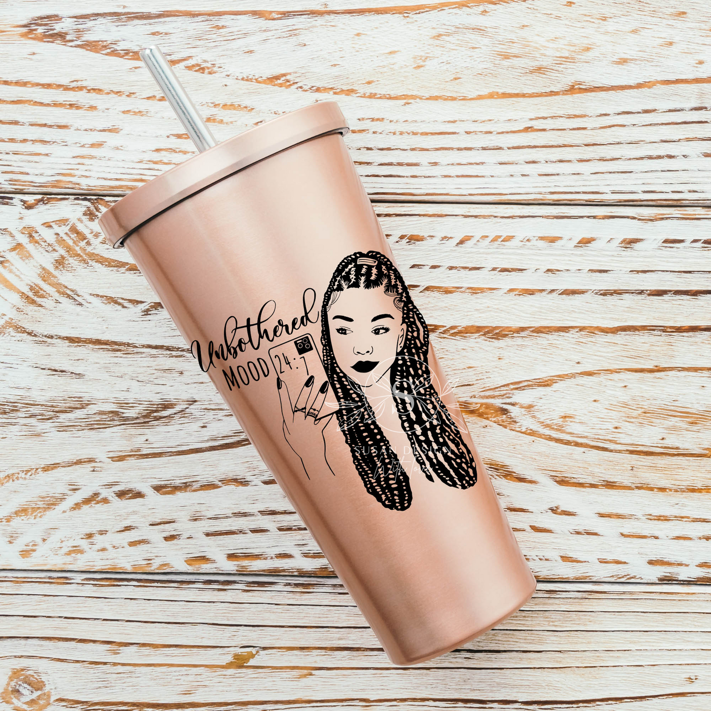 Unbothered 24/7 Braid Black woman with Cell Phone Selfie SVG Black and White