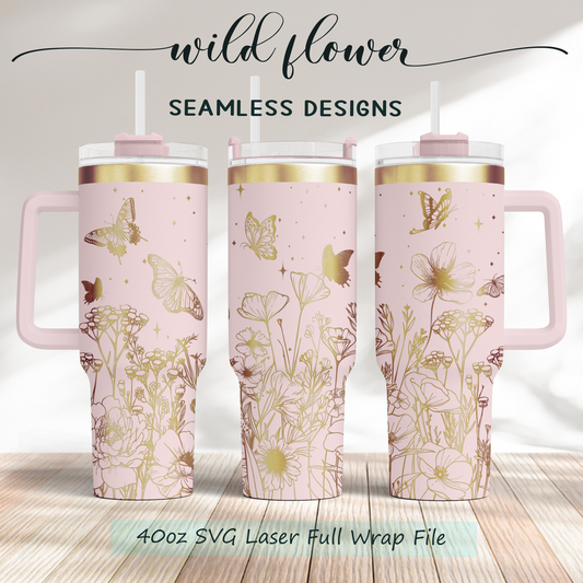 Wild floral flower and butterflies 40oz Tumbler SVG Laser Engraved Full Wrap Seamless