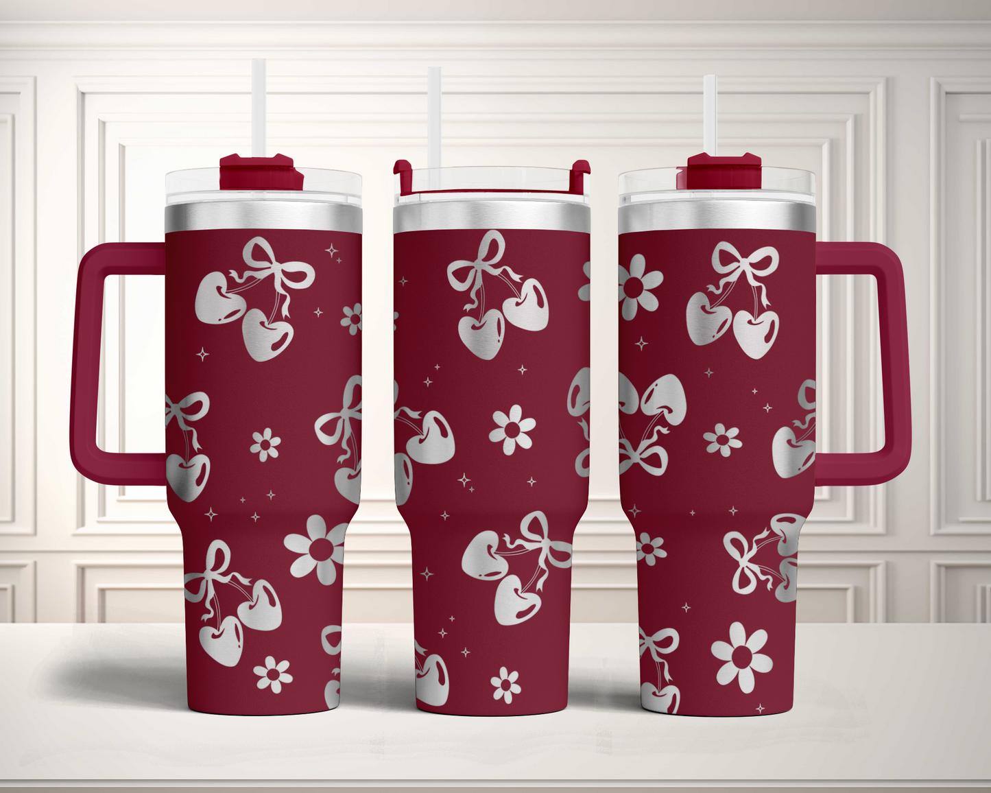 Cherry heart Coquette Bow Bundle SVG 40oz Tumbler Laser Engraved Full Wrap Seamless Design