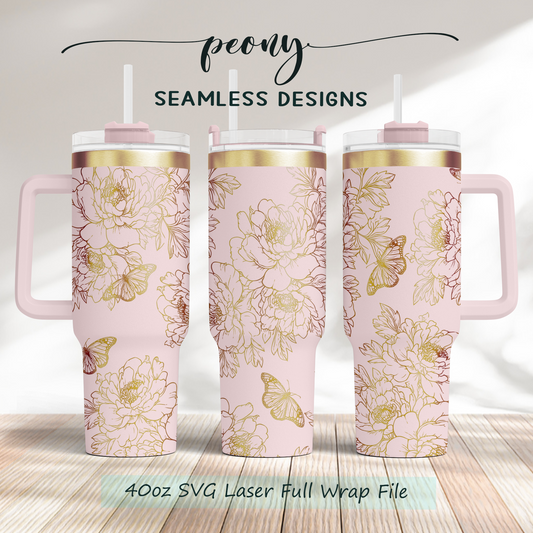 Peony flower and butterflies 40oz Tumbler SVG Laser Engraved Full Wrap Seamless