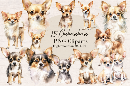 15 Watercolor Chihuahua Dog PNG cliparts bundle, Dog lover Cliparts