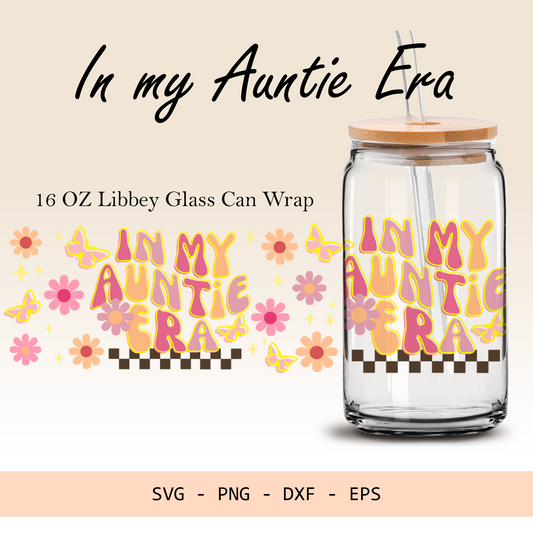 In my Auntie Era Wavy Retro 16oz Libbey glass can wrap, SVG cutting file for Cricut, PNG sublimation, Layered SVG