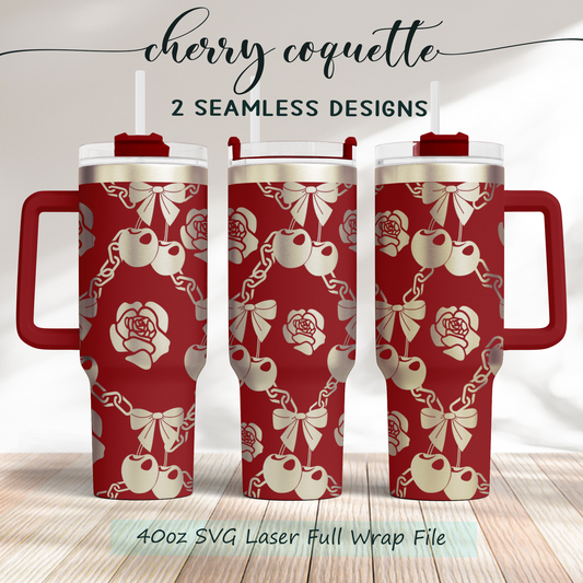 Cherry Coquette Rose Chain SVG 40oz Tumbler Laser Engraved Full Wrap Seamless Design