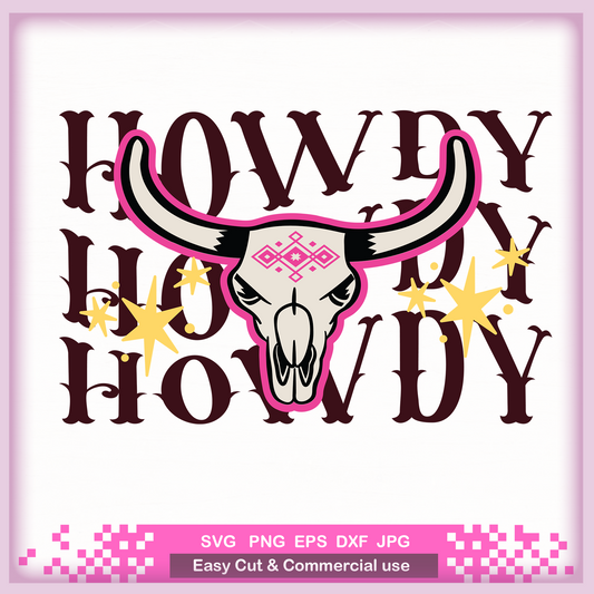 Howdy western country Cow Skull SVG Png, Cowboy Phrase and Saying Retro, Cowhide Png SVG file for Cricut, PNG print sublimation, Tshirt