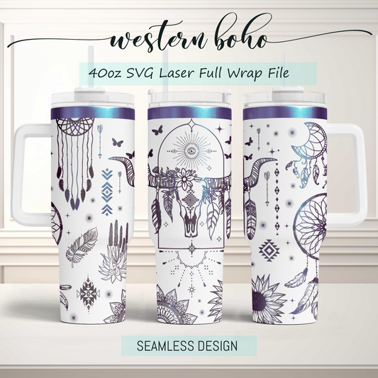 Boho Cow Skulls Western Cowboy Engraved Full Wrap Seamless 40oz Tumbler SVG Laser Rotary and PNG sublimation