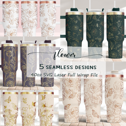 Flower Bundle 5 designs, 40oz Tumbler SVG Laser Engraved Full Wrap Seamless