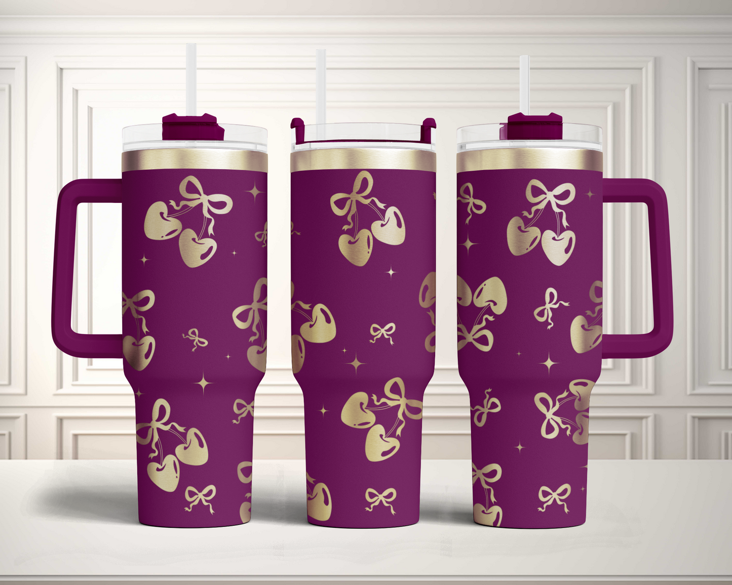 Cherry heart Coquette Bow Bundle SVG 40oz Tumbler Laser Engraved Full Wrap Seamless Design