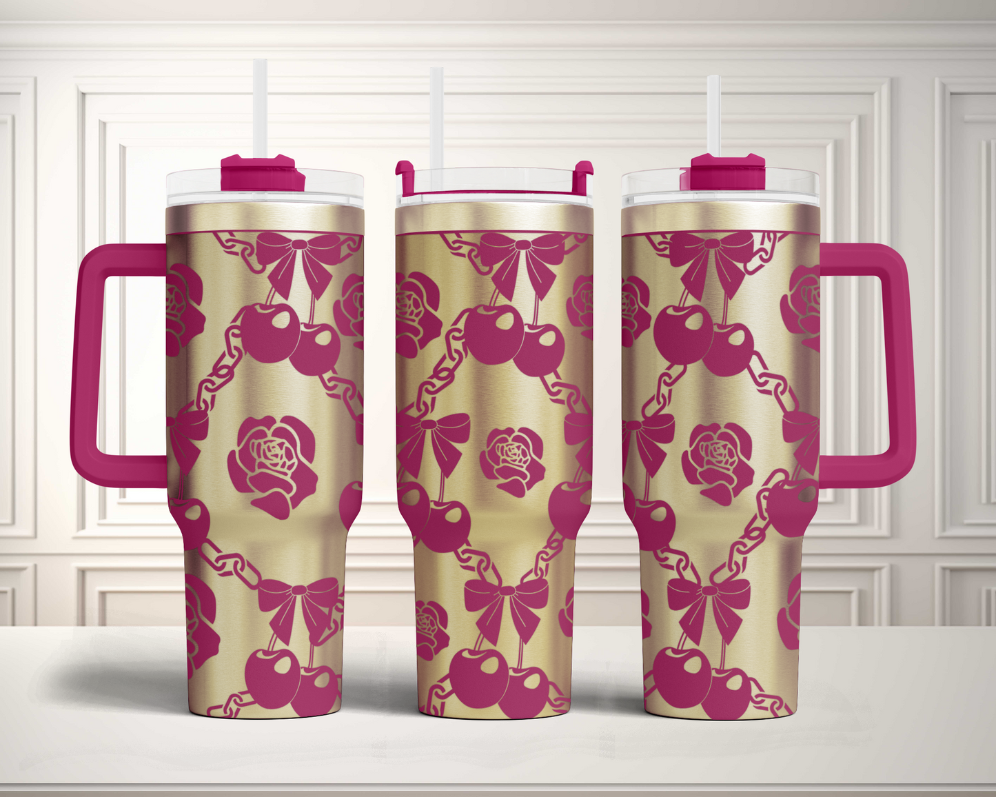 Cherry Coquette Rose Chain SVG 40oz Tumbler Laser Engraved Full Wrap Seamless Design