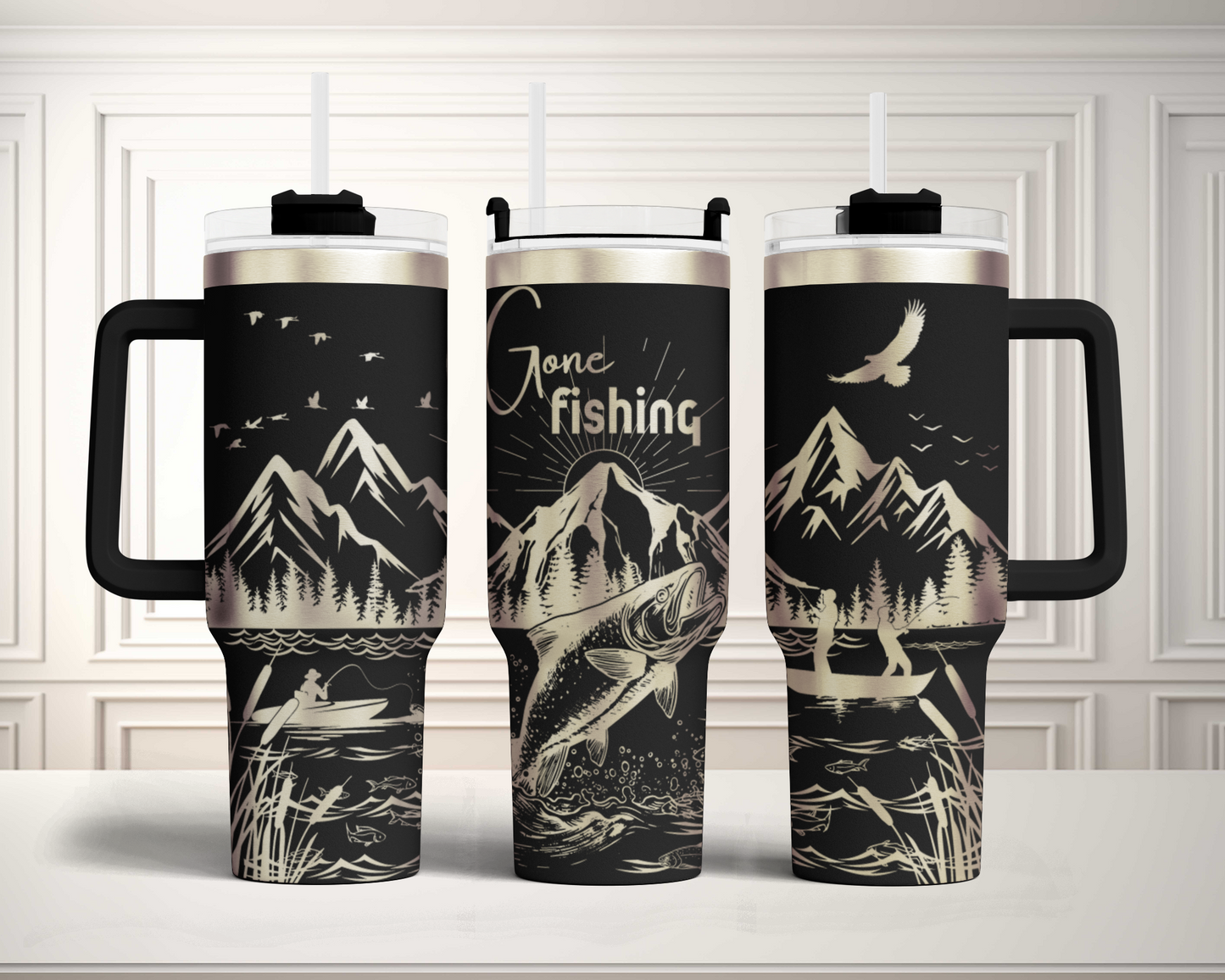 Gone Fishing SVG 40oz Tumbler Laser Engraved Full Wrap Seamless, SVG Laser Rotary, PNG sublimation