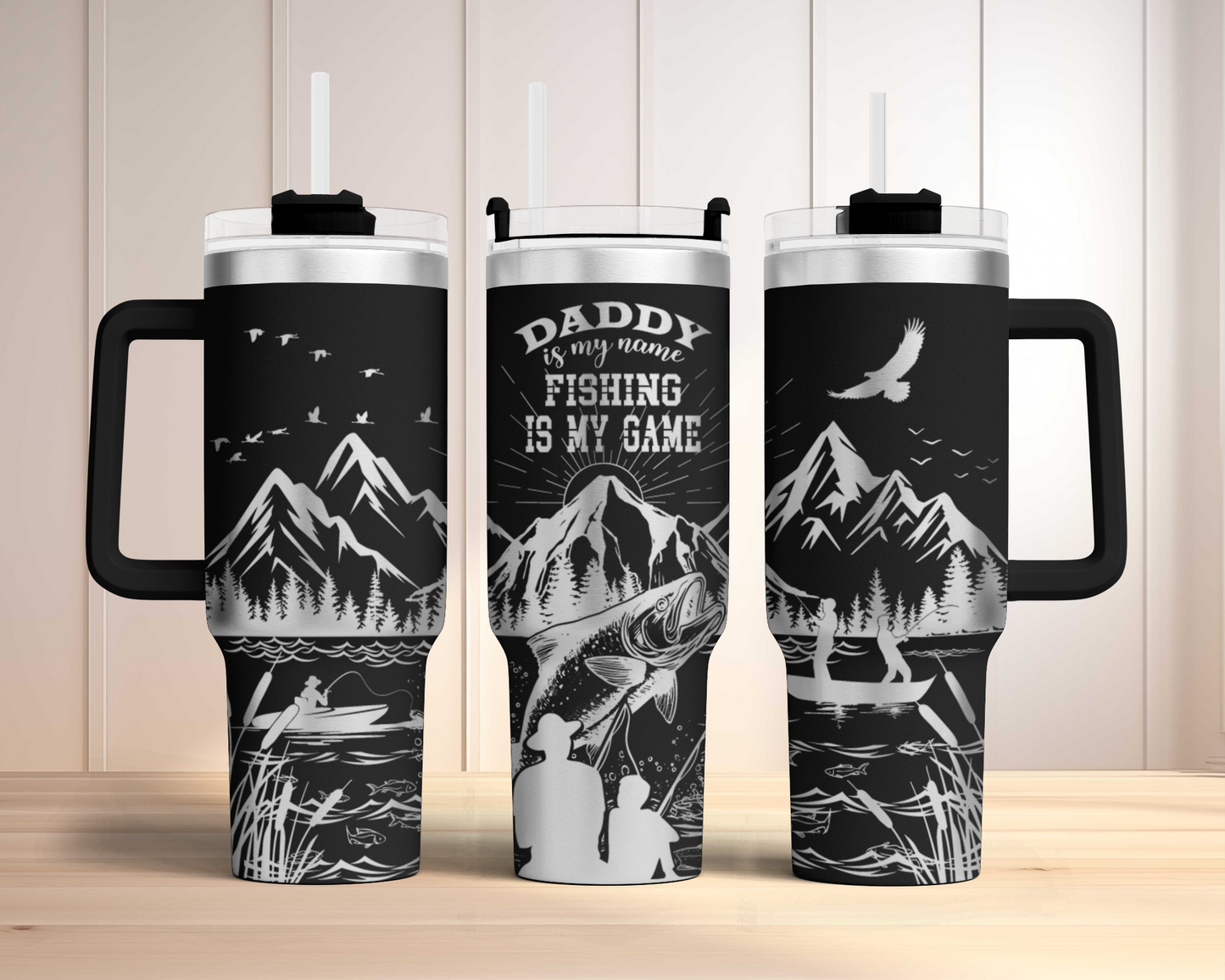 Daddy is my name Fishing is my Game SVG Engraved Full Wrap Seamless Design 40oz Tumbler, Digital Download, SVG Laser Rotary, PNG sublimation