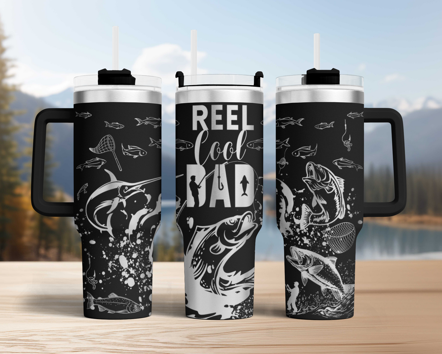 Reel Cool dad, Fishing dad SVG 40oz Tumbler Laser Engraved Full Wrap Seamless, SVG Laser Rotary, PNG sublimation